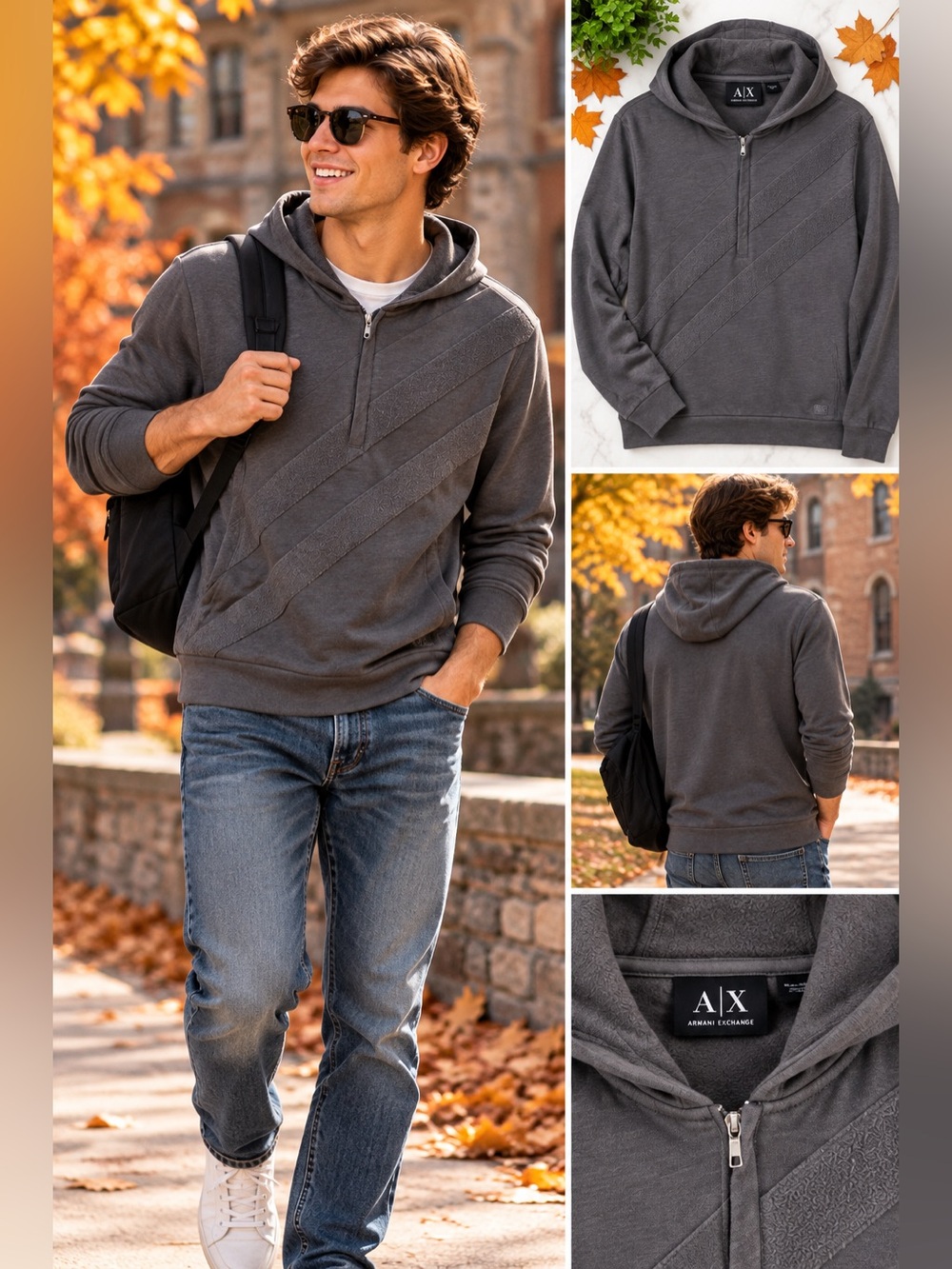 A|X ARMANI EXCHANGE - Charcoal Gray Hooded Half-Zip Sweater Hoodie